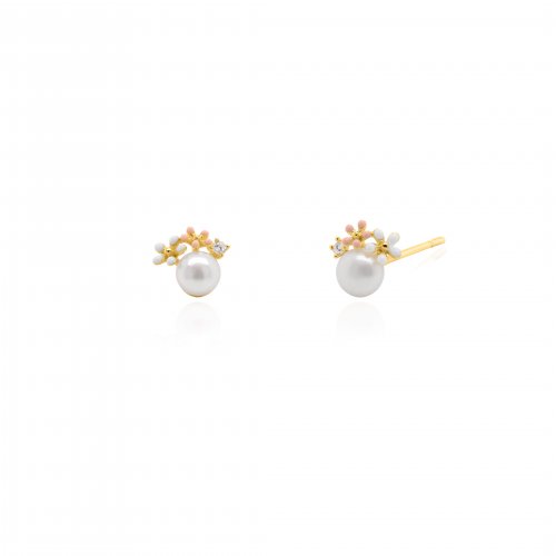 Sterling Silver Gold Vermeil Pearl &amp; Double Flowers CZ Studs (ST-1638)