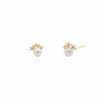 Sterling Silver Gold Vermeil Pearl & Double Flowers CZ Studs (ST-1638)
