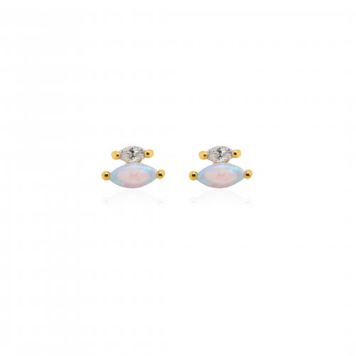 Sterling Silver Gold Vermeil Marquise Cut CZ &amp; Opal Stud Earrings (ST-1642)