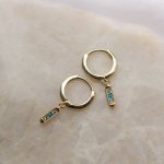 Sterling Silver Gold Vermeil Tag Drop with CZ and Turquoise Huggies Earrings (HUG-1128)