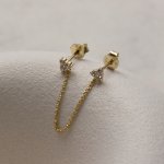 Sterling Silver Gold Vermeil Double Holes CZ Flower Earring with Chain (ER-1371)