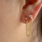 Sterling Silver Gold Vermeil Double Holes CZ Earring with Mini Paperclip & Curb Chain (ER-1373)