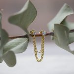 Sterling Silver Gold Vermeil Double Holes CZ Earring with Mini Paperclip & Curb Chain (ER-1373)