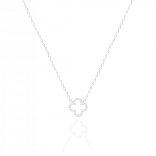 Sterling Silver Designer Inspired Vân Cleef Pave CZ Open Clover Necklace (N-1581)