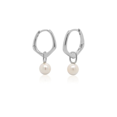 Sterling Silver Pentagon Dangle Freshwater Pearl Huggies Earrings (HUG-1143)