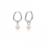 Sterling Silver Pentagon Dangle Freshwater Pearl Huggies Earrings (HUG-1143)