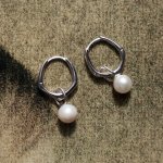 Sterling Silver Pentagon Dangle Freshwater Pearl Huggies Earrings (HUG-1143)