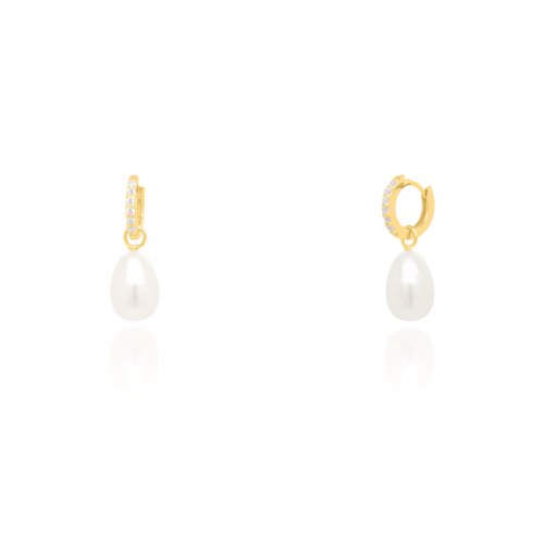 Sterling Silver Gold Vermeil Dangle Freshwater Pearl CZ Huggies Earrings (HUG-1146)