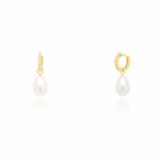 Sterling Silver Gold Vermeil Dangle Freshwater Pearl CZ Huggies Earrings (HUG-1146)