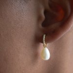 Sterling Silver Gold Vermeil Dangle Freshwater Pearl CZ Huggies Earrings (HUG-1146)