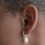 Sterling Silver Gold Vermeil Dangle Freshwater Pearl CZ Huggies Earrings (HUG-1146)