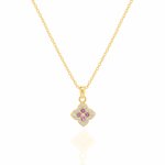 Sterling Silver Gold Vermeil Pave White & Ruby CZ Clover Necklace (N-1587)