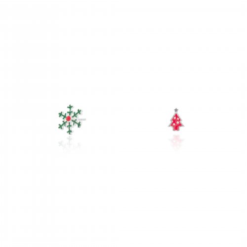 Sterling Silver Mismatch Enamel Snowflakes &amp; Christmas Tree Stud Earrings (ST-1675)