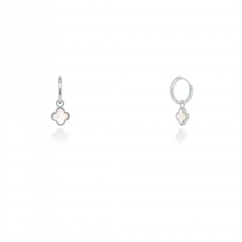 Sterling Silver Designer Inspired Vân Cleef Pearl Shell Clover Huggies Earrings (HUG-1151-W)