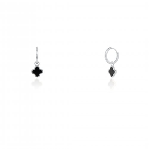 Sterling Silver Designer Inspired Vân Cleef Black Agate Clover Huggies Earrings (HUG-1151-B)