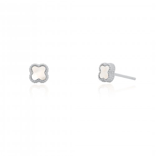 Sterling Silver Designer Inspired Vân Cleef Pearl Shell Clover Stud Earrings (ST-1671-W)