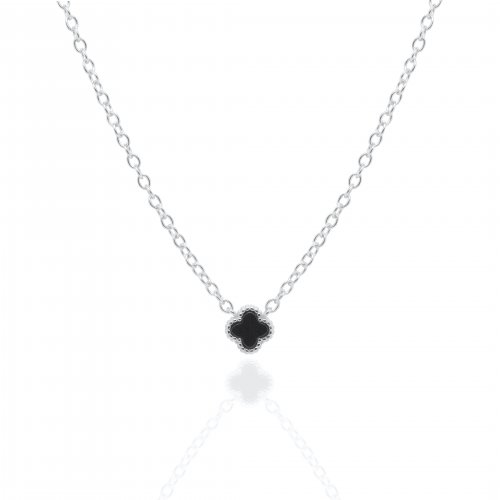 Sterling Silver Designer Inspired Vân Cleef Black Agate Clover Necklace (N-1589-B)