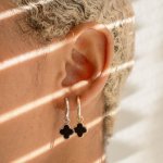 Sterling Silver Designer Inspired Vân Cleef Black Agate Clover Huggies Earrings (HUG-1151-B)