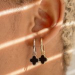 Sterling Silver Designer Inspired Vân Cleef Black Agate Clover Huggies Earrings (HUG-1151-B)