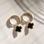 Sterling Silver Designer Inspired Vân Cleef Black Agate Clover Huggies Earrings (HUG-1151-B)