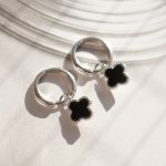 Sterling Silver Designer Inspired Vân Cleef Black Agate Clover Huggies Earrings (HUG-1151-B)