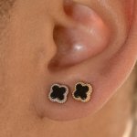 Sterling Silver Designer Inspired Vân Cleef Black Agate Clover Stud Earrings (ST-1671-B)