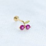 14K Yellow Gold CZ Red Cherry Flat Screwback Single Piece (GE-14-1050)