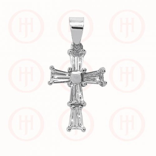 Silver Rhodium Plated CZ Religious Cross Pendant (CR-1047)