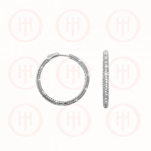 Silver Rhodium Plated CZ Hoop Earring, 35mm (HP-CZ-1024-35)