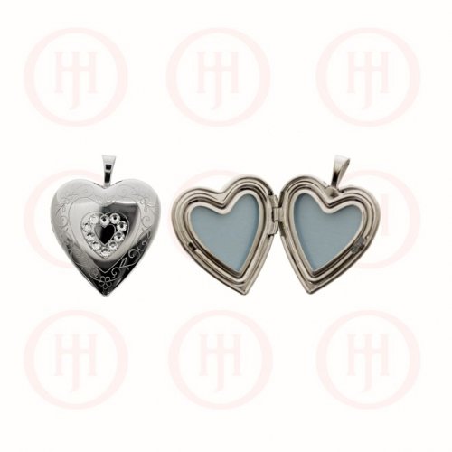 Silver CZ Engraved Heart Locket with Mini CZ Heart (LOC-HE-1064)