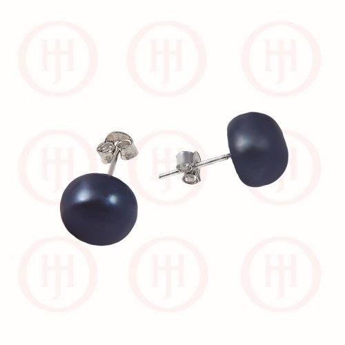 Silver Plain Stud Earrings Pearl 8mm, black (ST-1054-8)