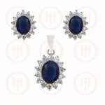 Silver CZ Royal Wedding Inspired Earrings Pendant Set (Sapphire)(PS-1024-S)