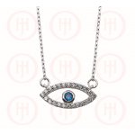 Silver CZ Evil Eye Blue Bezel Necklace (N-1138)