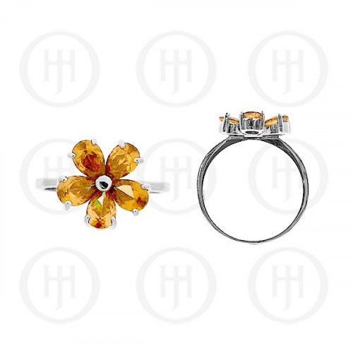 Silver Rhodium Plated Colourful Flower CZ Ring, Champagne (R-1074-C)