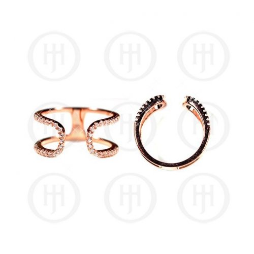 Silver Rose Gold Plated CZ Double Cuff Ring (R-2376-R)