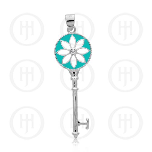 Plain Key with Hollow Turquoise Flower and CZ Stud Pendant (P-1305)