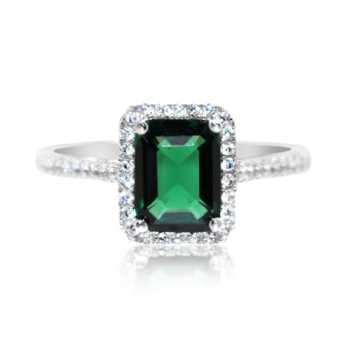 Silver Rectangular Emerald Stone CZ Ring (R-1528-E)