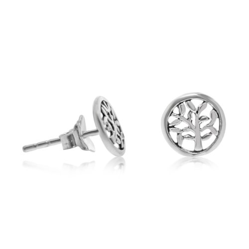 Plain Silver Tree of Life Oval Circle Stud Earrings (ST-1220)