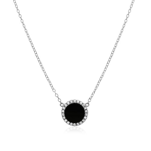 Silver Rhodium Plated Halo Black Onyx Necklace (N-1208-BO)