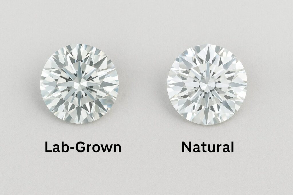 Side-by-side image of lab-grown and natural diamonds highlighting their identical appearance.