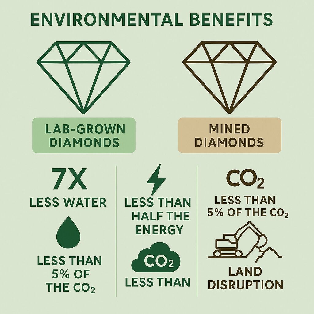 Infographic comparing environmental impact of lab-grown vs mined diamonds, focusing on water use, CO₂ emissions, and energy consumption.