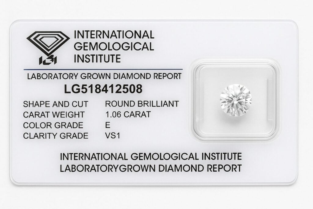 IGI lab-grown diamond certificate showing diamond shape, cut, carat, color, and clarity details.