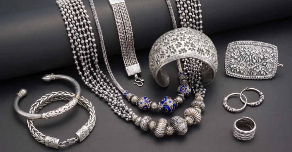 Various pieces of jewelry made from alloy and stainless steel, including bracelets, rings, and necklaces, displayed on a dark surface to highlight their design and material differences