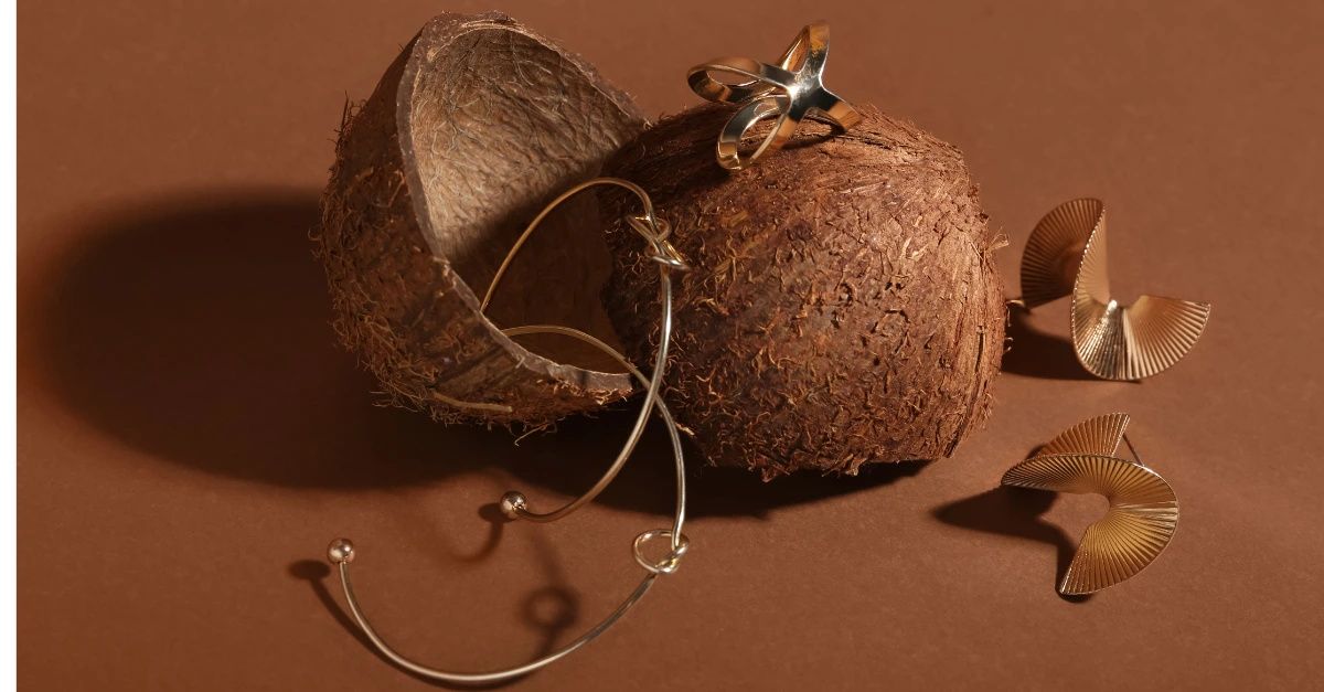 Artistic fine jewelry with coconut shell backdrop
