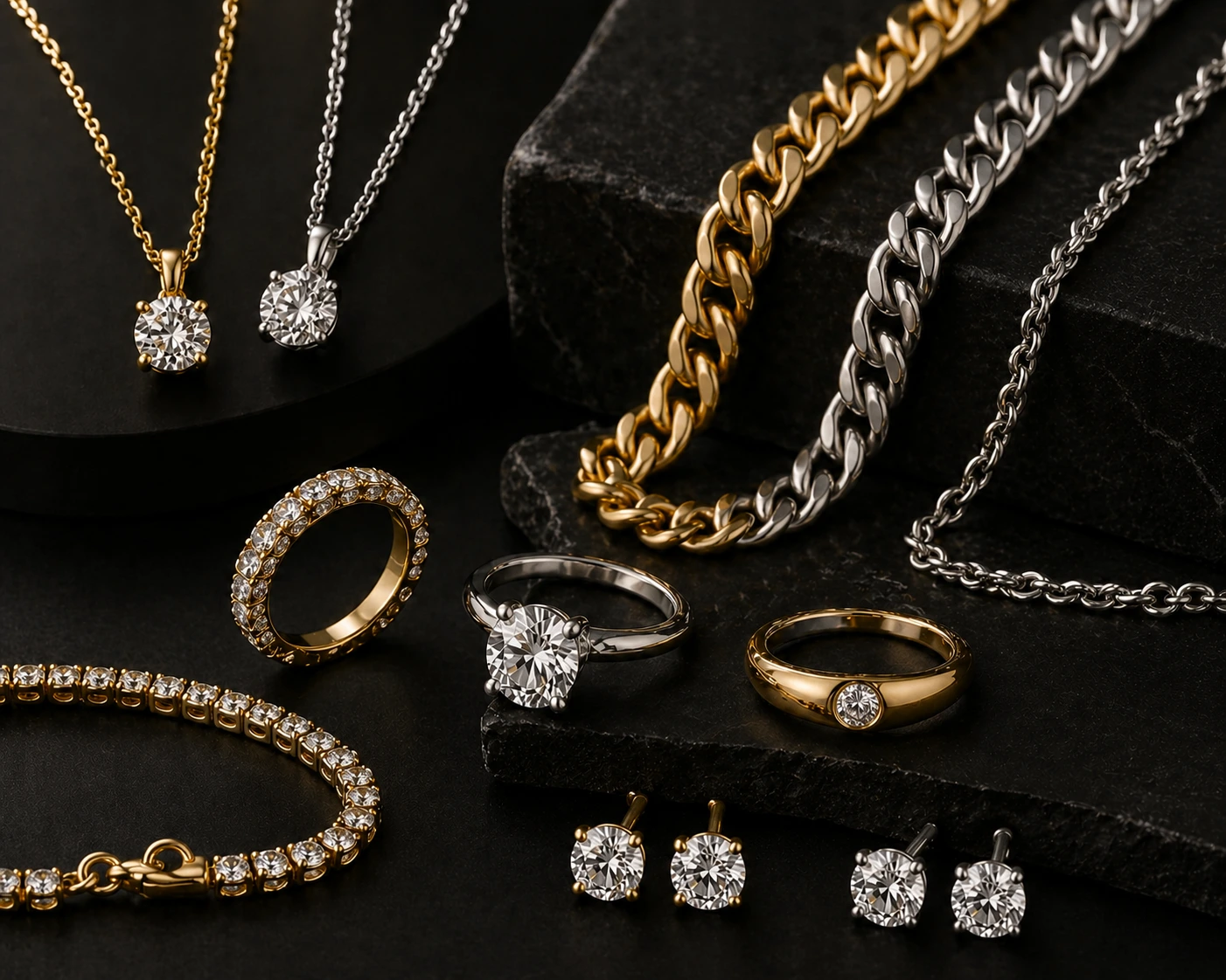 Gold and silver chain necklaces with diamond pendants
