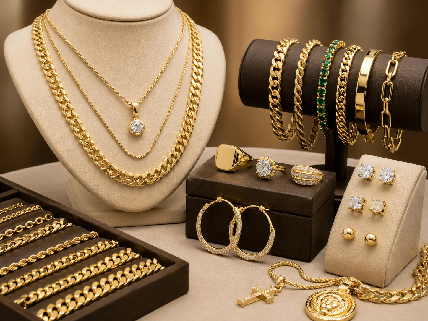 Luxury gold jewelry collection with necklaces, rings and bracelets