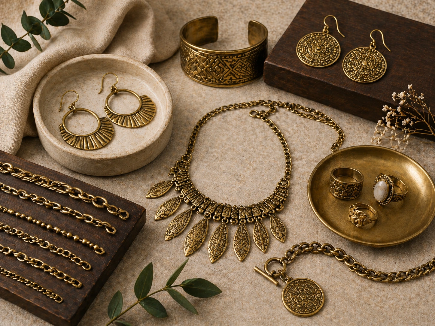 Traditional brass jewelry assortment with vintage design