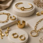 Minimal gold brass jewelry collection with bracelets, rings and earrings