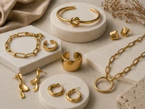 Minimal gold brass jewelry collection with bracelets, rings and earrings