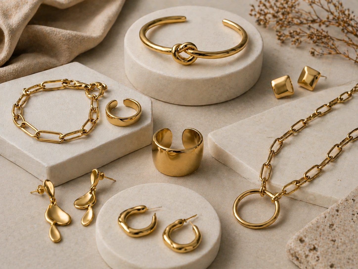 Minimal gold brass jewelry collection with bracelets, rings and earrings